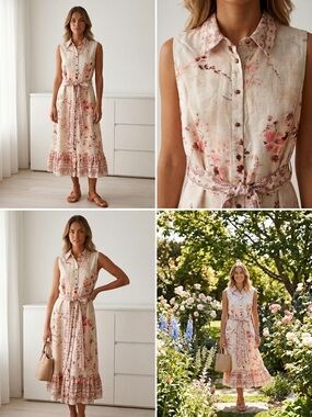 🌸💗🌸 Elie Tahari sleeveless midi linen blend dress size 10
